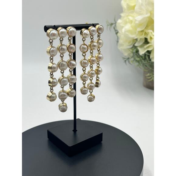 SHASHI Naya White Pearl Designer Dangle Three Triple Row Drop Earrings - Picture 2 of 14